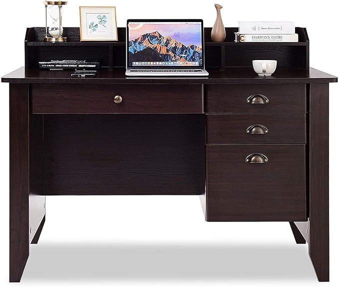 Giantex Topment Wood Computer Desk with 2 Tier Shelves Study and Writing Table with Three Side Drawers Laptop Table with a Smooth Slide-Out Long Drawer Work Station for Home &ampOffice