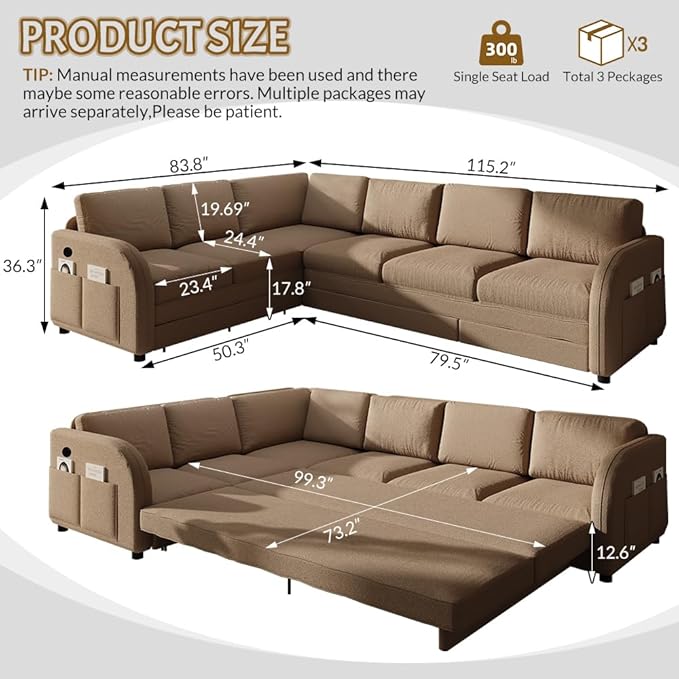 KEIKI 115 L-Shaped Sectional Sleeper Sofa for Home Office &amp Lounging Pull-Out Bed Couch with Reversible Left/Right Chaise USB Port &amp Side Storage
