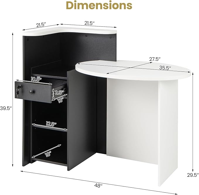 MAT EXPERT Reception Desk Front Desk with Open Shelves Lockable Drawer Round Tabletop Checkout Counter Retail Counter Computer Workstation for Office (Black Cabinet &amp White Desktop)