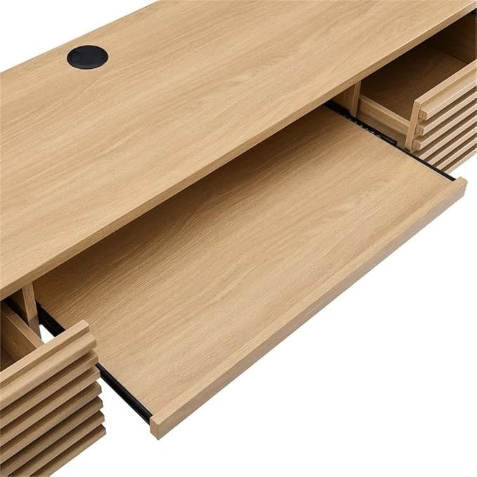 Pemberly Row Wall Mount Office Desk 60 in Particleboard and Wood Oak Finish Mid-Century Modern Style with Keyboard Tray and Storage Drawers Durable Design for Home Office or Dorm Room Use