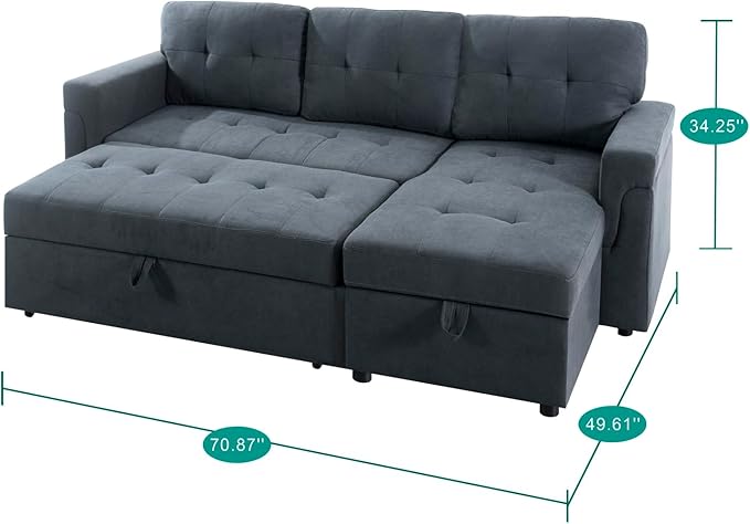 Multifunctional Sectional Sofa with Pull-Out Sleeper Bed &amp Hidden Storage – Reversible Chaise Dark GrayVelvet – Space-Saving Durable Stylish &amp Easy DIY Assembly for Apartments &amp Small H
