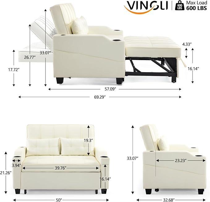 VINGLI Beige Futon Sofa Bed Convertible Loveseat Sleeper Couch Faux Leather Pullout Sofa Fold Out Couch Bed with USB Ports Cup Holders Armrest for Living Room Bedroom Apartment Room