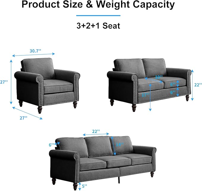 PUREMIND 3 Piece Living Room Sets Furniture Sectional Couch and Loveseat and Armchair Set Modern 3 Seater Sofa + 2 Seater Couch+ Accent Chair Furniture Set for Living Room