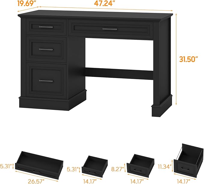Farmhouse 47 Executive Desk with 3 Drawers and Adjustable File Drawer Workspace for Home Office and Study Pure Black.