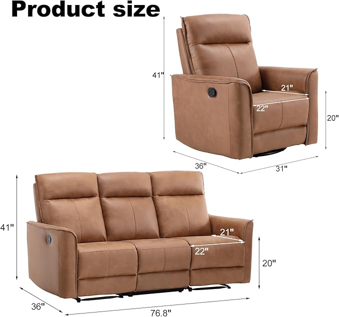 EBELLO Faux Leather Manual Recliner Sofa Set 1 Seat Recliner Chair and a 3 Seat Reclining Couch Furniture Set for Living Room Brown