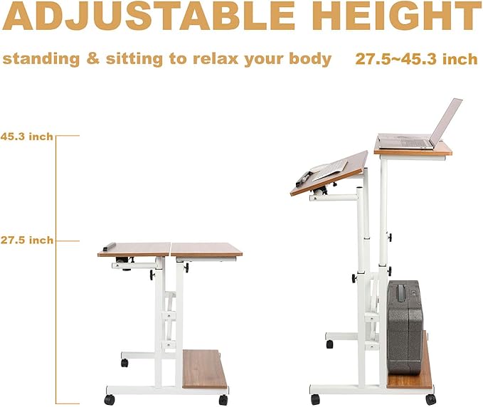 Mobile Standing Desk Adjustable Computer Desk Rolling Laptop Cart on Wheels for Home Office Tall Table for Standing or Sitting Portable Laptop Stand for Small Spaces Oak