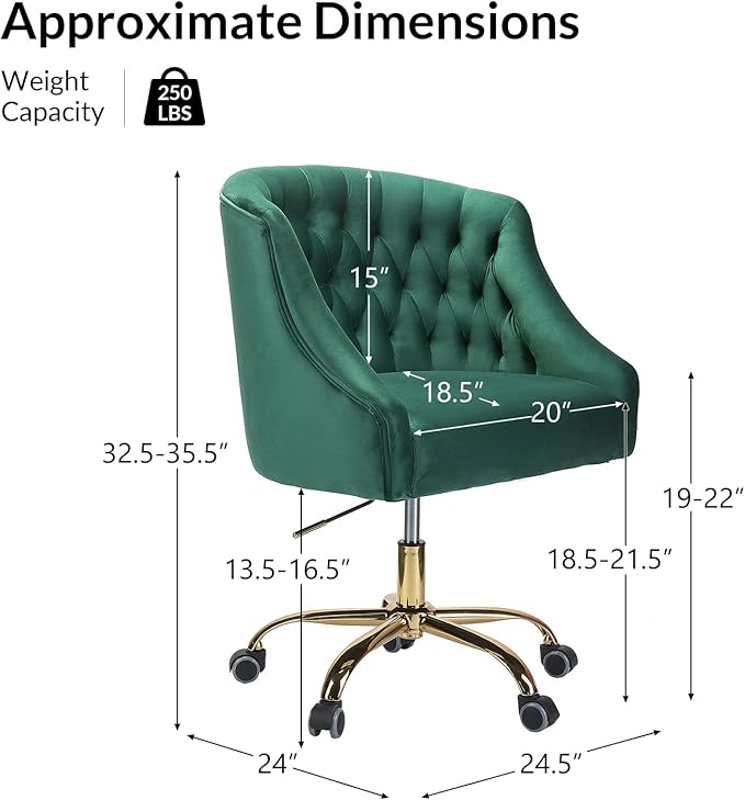 Velvet Office Chair with Gold Base Modern Cute Desk Chair Comfortable Adjustable Swivel Task Chair for Home Office Living Room Bedroom Vanity Study