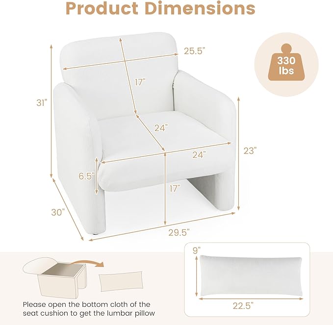 KOMFOTT Chenille Accent Chair Set of 2 Modern Upholstered Armchair with Removable Lumbar Pillow Widened Backrest &amp Thick Seat Cushion Comfy Single Sofa Chair for Living Room Bedroom White