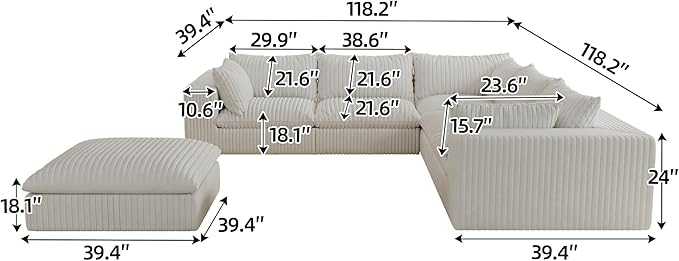 118.2 L Shaped Modular Boneless Sofa with Ottoman Cloud Sectional Couches for Living Room Deep Seat Corduroy Upholstered Couch Furniture Set No Assembly Required (White 5 Seater+1 Ottoman)