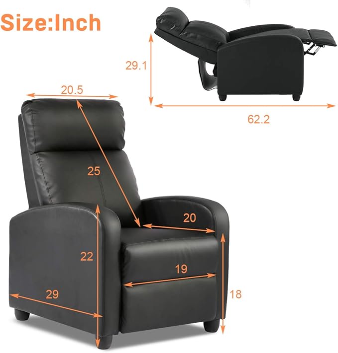Home Recliner Chair Massage Single Sofa Wingback Recliner Sofa Reading Chair Modern Reclining Chair Home Theater Seating Modern Reclining Easy Lounge with Padded Seat Backrest Black