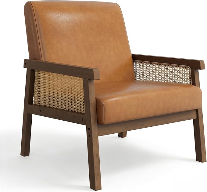 GAOMON PU Leather Accent Chair Rattan Armchair with Wooden Armrest and Legs Modern Lounge Chair for Living Room/Bedroom/Reading Room/Waiting Room Brown