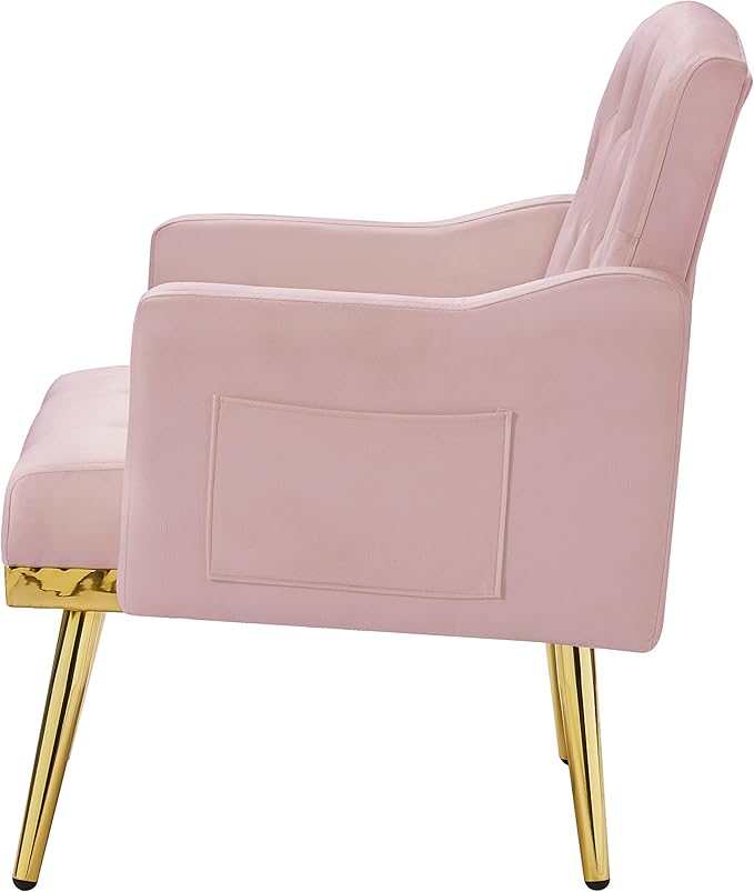 kevinplus Velvet Accent Chair Living Room Chair Leisure Single Sofa Chair Comfy Vanity Chair for Bedroom Modern and Mid-Century Armchair Sitting Chair for Reading Relaxing Gold Metal Leg Pink