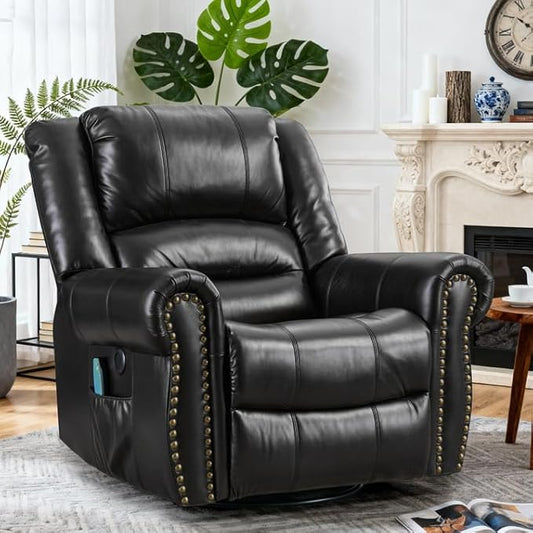 Swivel Rocker Recliner Chair with Heat and Vibration 360° Swivel Glider Rocker Manual Reclining Chair Massage Rocking Recliners with Side Pockets &amp USB Ports for Living Room Black