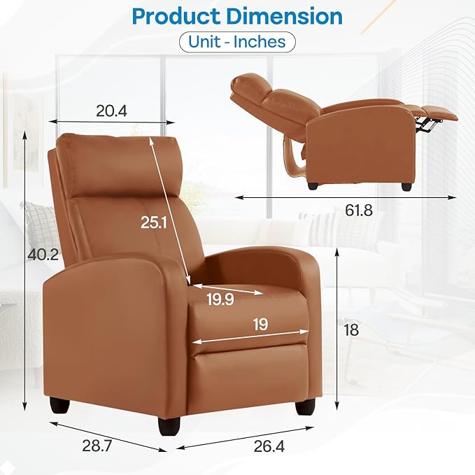 Recliner Chair PU Leather Reclining Sofa Lounge Home Theater Seating with Lumbar Support Overstuffed High-Density Sponge Push Back Recliners Armchair for Living Room Tan