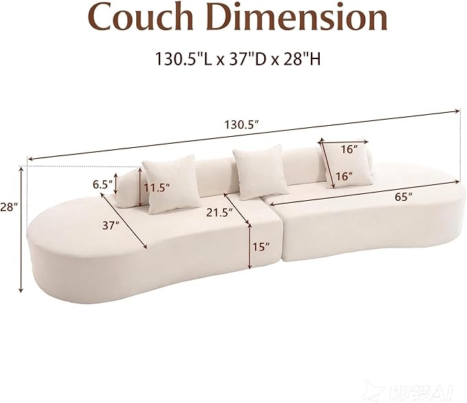 Txtin's 130” Curved Cloud Couches for Living Room | Modern Boneless Sectional Comfy Sofa | Oversized Plush Modular Couch with 3 Pillows | Beige