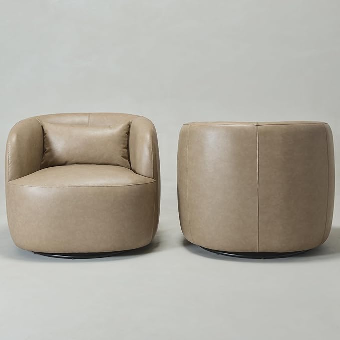 KINWELL Faux Leather Swivel Armchair Set of 2 No Assembly Upholstered PU Leather Swivel Accent Chairs with Toss Pillow for Living Room Office Lounge Khaki