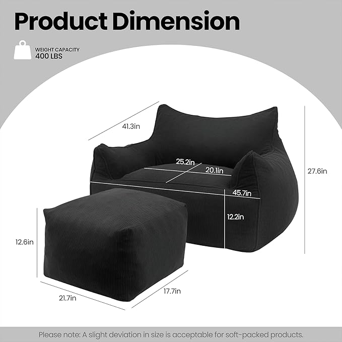 YOURLITE Bean Bag Chair for Adults with Footrest High-Resilience Foam Filled Bean Bag Sofa with Armrests and Backrest Comfy Corduroy Floor Sofa for Living Room Bedroom or Balcony (Dark Grey)