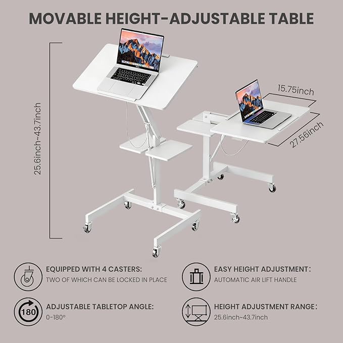 Mobile Standing Desk with Wheels Height Adjustable Laptop Table 27.56 Inch Portable Ergonomic Workstation with Locking Casters &amp Tilting Top White