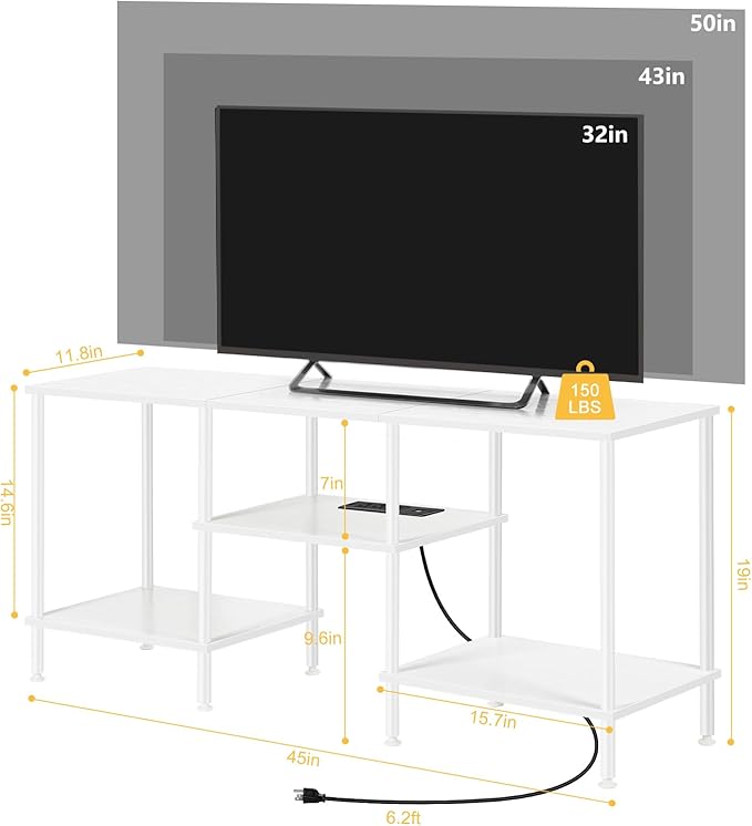 TV Stand for Bedroom up to 50 Inch Modern TV Stands with Power Outlets Small Entertainment Center with Storage 3 Tier TV Cabinet Console Table for Living Room Bedroom Office White
