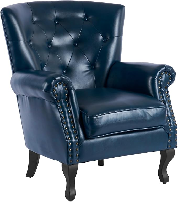MOJAY PU Leather Accent Chair Mid-Century Modern Armchair Living Room Club Chair with Tufted Button &amp Rivet Trim Upholstered Sofa Chair with Sturdy Wood Legs for Bedroom (Navy)