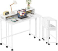 Gezen Folding Desk with Storage Shelf Mobile Couch Desk Sofa Side Table Bed for Home Office Small Space White Marble 31.5