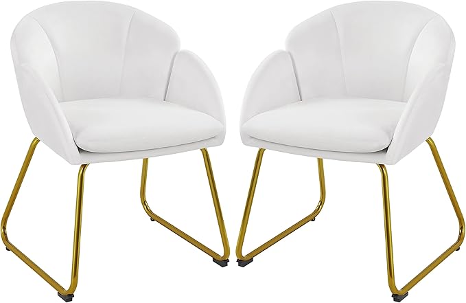 Yaheetech Velvet Living Room Chair Flower Shaped Armchair with Golden Legs Upholstered Side Chair for Vanity Room Living Room Kitchen Set of 2 White