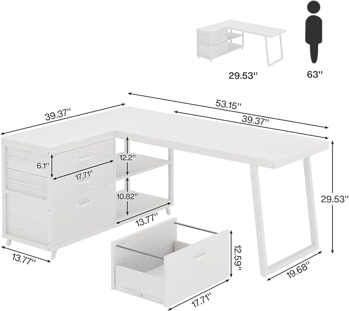 Tribesigns L-Shaped Computer Desk with 3 Drawers Reversible Corner Home Office Desk with Shelves 53-Inch Industrial PC Desk Study Writing Table Workstation for Small Space White