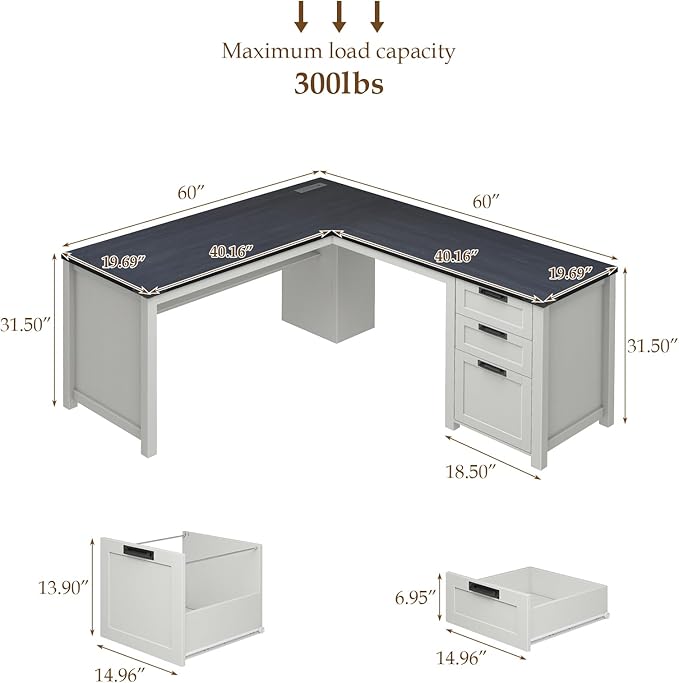 Farmhouse L Shaped Executive Desk with Drawers and Storage Shelf Corner Standing Desk with Charging Station L-Shaped Executive Desks for for Home Office Study Bedroom