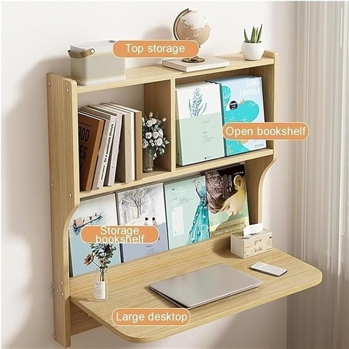Wall Mounted Folding Table Floating Desk for Wall with Storage Shelves Space Saving Wall Desk Fold Down for Home Office Bedroom(White)