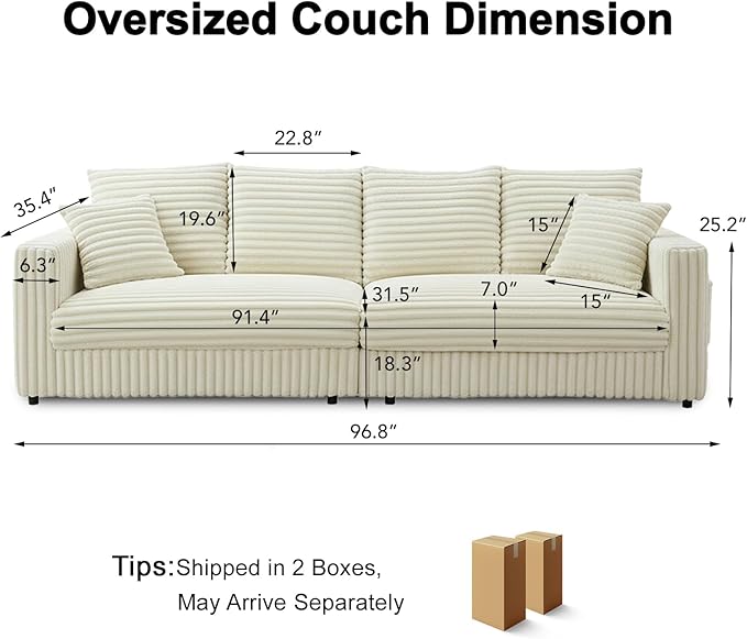 96.8'' Oversized Cloud Couch 4 Deep Seats Modular Sectional Sofa with Cup Holders &amp Storage Plush Corduroy Upholstered Memory Foam Couches for Living Room Apartment Office (Beige)