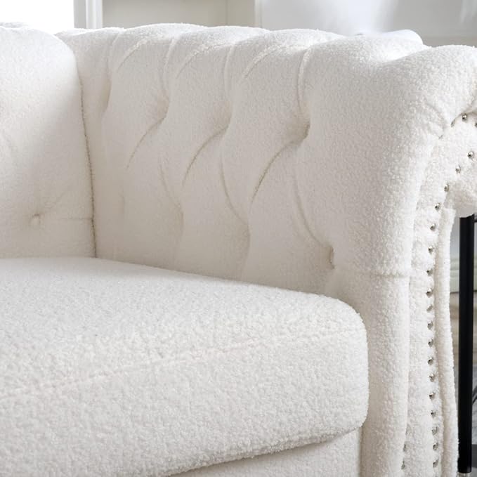 Modern Chesterfield Armchair Fabric Rolled Arm Tufted Back Accent Chairs Upholstery Nailhead Trim for Living Room Office (White)