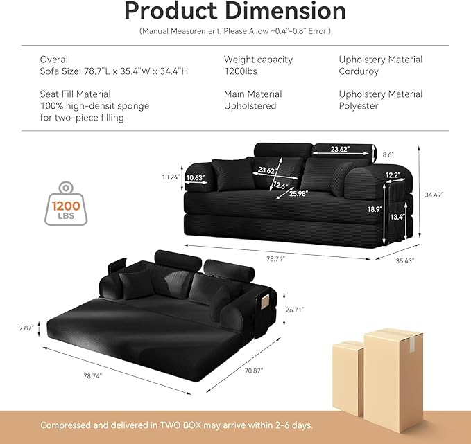 Upgraded 79 High Backrest Sofa Bed with Fixed Frame Corduroy Fabric Convertible Couch for Small Spaces Removable Armrests &amp Backrest No Assembly Required (High Backrest Black) | Convertible