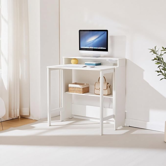 Fold Out Desk with Power Outlets Small Foldable Table with Storage ShelfSpace-Saving Hidden Desk for Bedroom Living Room &amp Office (White)