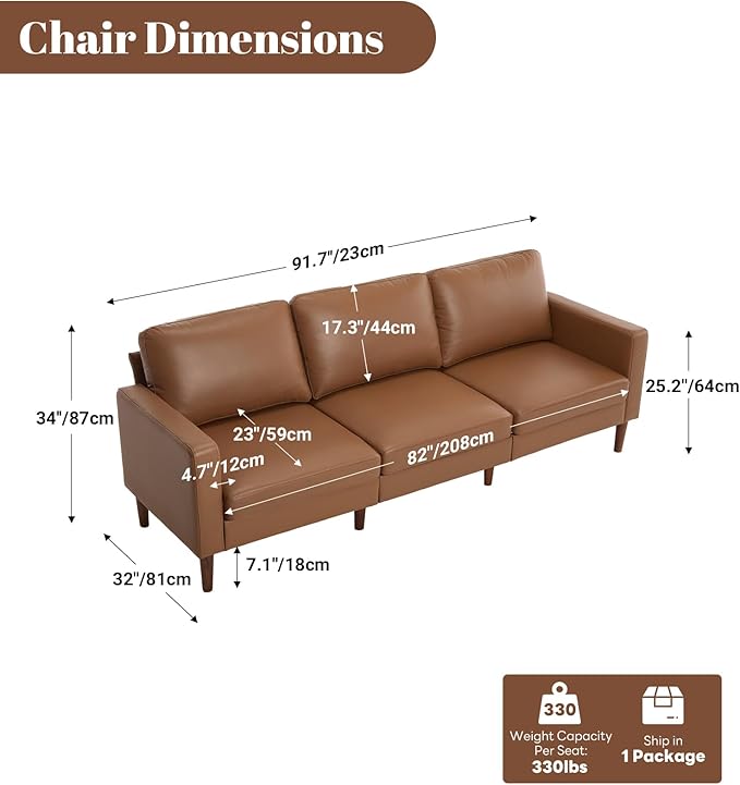 Kingfun 91.7 Faux Leather Sofa 3 Seater Couch Mid Century Modern Couches with Solid Wood Legs for Living Room &amp Bedroom Coffee