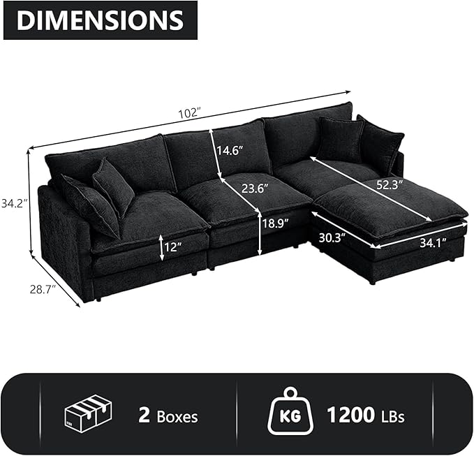 GNIXUU 102 Modular Sectional Sofa L Shaped Cloud Couch with Movable Ottoman &amp 4 Pillows Deep Seat Chenille 4 Seater Sectional Couches for Living Room Apartment (Black)