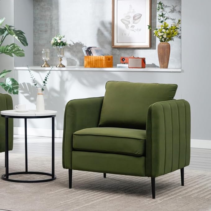 Velvet Accent Chair Mid-Century Modern Armchair with Metal Legs Single Sofa Chair for Living Room Bedroom Office Reading Includes Pillow (Green + Steel + Velvet + Wood + 1 Seat + Foam)