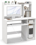 White Computer Desk with Hutch Wood PC Table w/Power Outlet Keyboard Tray and CPU Stand Modern Writing Desk with Bookshelf for Bedroom Simple Work Table for Home Office