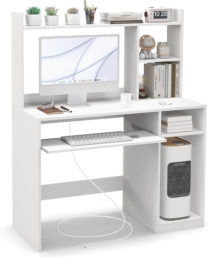 White Computer Desk with Hutch Wood PC Table w/Power Outlet Keyboard Tray and CPU Stand Modern Writing Desk with Bookshelf for Bedroom Simple Work Table for Home Office