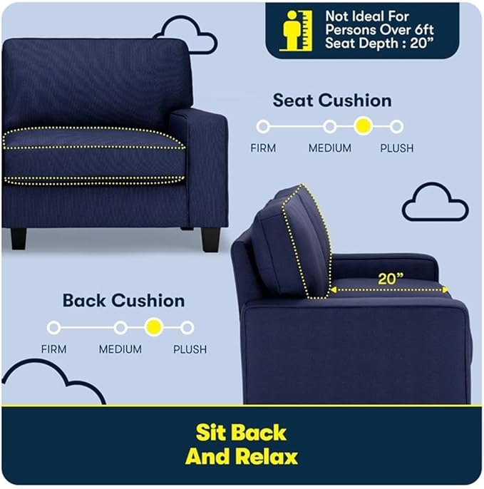 Pemberly Row 73 Track Arm Sofa Navy Blue Upholstery Removable Covers Space-Saving Design Solid Wood Frame Semi-Plush Pocket Coil Cushions Modern Classic Living Room Furniture