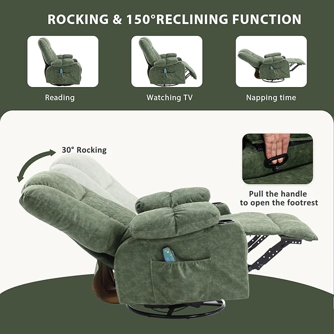 Faux Leather Swivel Rocker Recliner with Heat and Massage Cup Holders Overstuffed Rocking Glider Chair Heated Massaging Reclining Chair Green