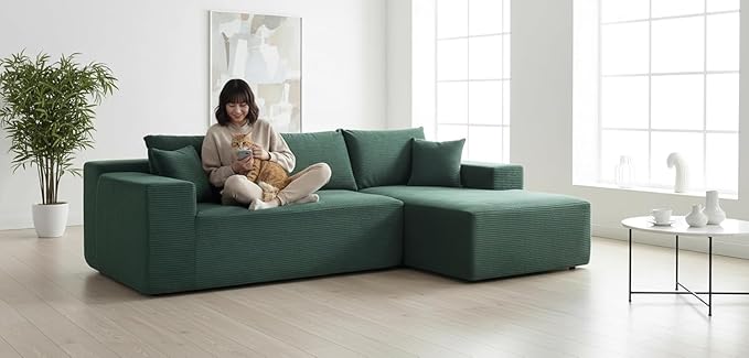 Ridge 2-Piece Convertible Corduroy L-Shaped Sofa in a Box with Pillows 3-Seater Modular Sectional Couch Compressed Living Room Furniture Dark Green (Right Facing)