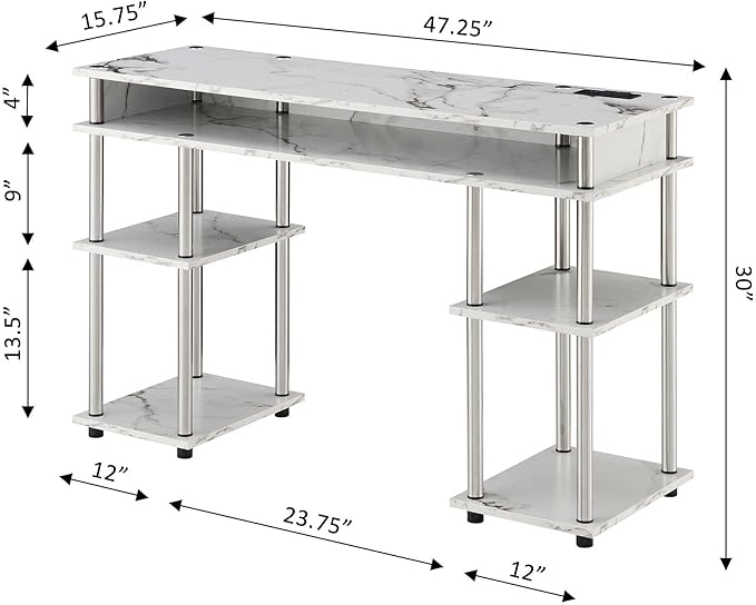 Convenience Concepts Designs2Go No Tools Student Desk with Charging Station and Shelves White Marble