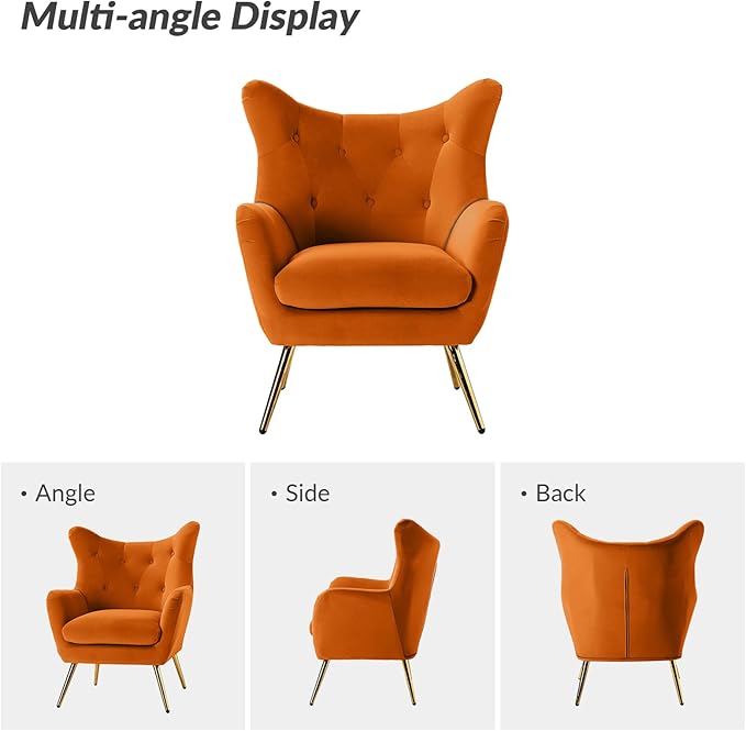 HULALA HOME Velvet Accent Chair Set of 2 Modern Wingback Arm Chair with Metal Gold Legs Velvet Tufted Upholstered(Orange)