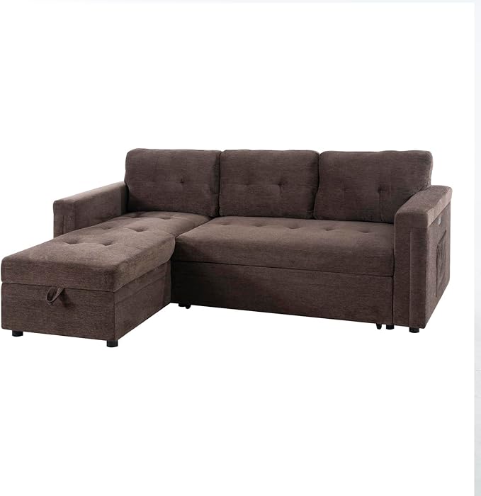 Naomi Home L-Shaped Sectional Sleeper Sofa with USB Ports - Convertible Pull-Out Bed Ample Storage Timeless Design Durable Construction Espresso/Microfiber