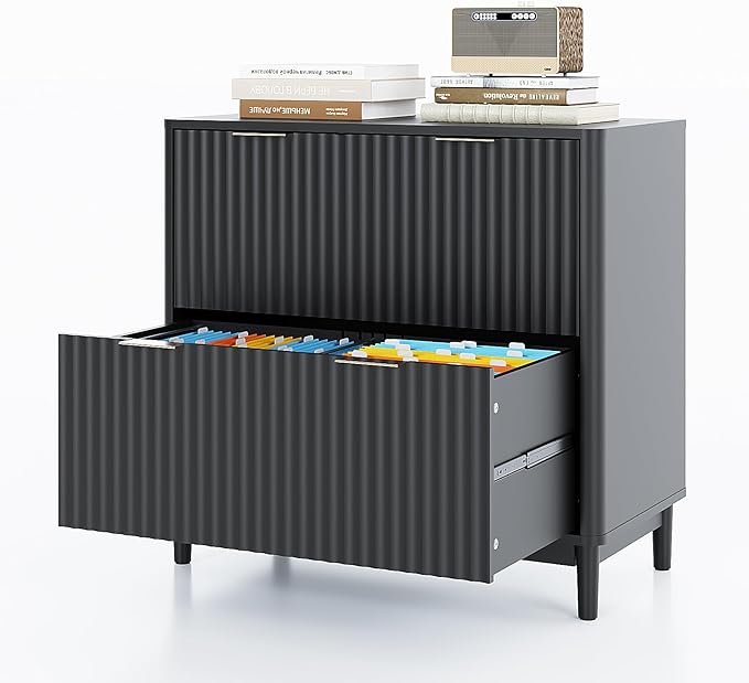 VINGLI 2 Drawer File Cabinet Home Office Filing Organizer for Letter Legal A4 Size File Folder Storage Modern Style Fluted Design Wood Lateral Filing Cabinet Printer Stand Archivador Black