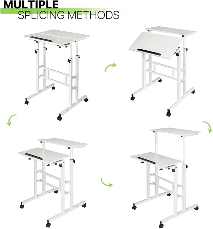 Magshion Standing Desk with Wheels Height Adjustment from 28 to 46 Sit to Stand Up Mobile Computer Desk Rolling Laptop Cart for Home Office Walking Pad Writing and Gaming White