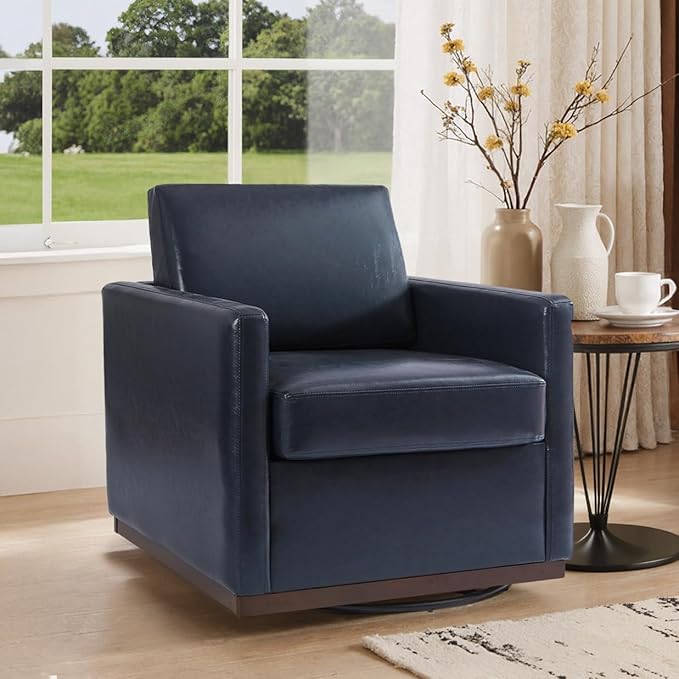 Swivel Barrel Accent Chair Mid Century Modern Arm Chair for Living Room Bedroom Comfy Club Reading Lounge Sofa Corner Chairs for Adults (Leather Navy Blue Set of 2)