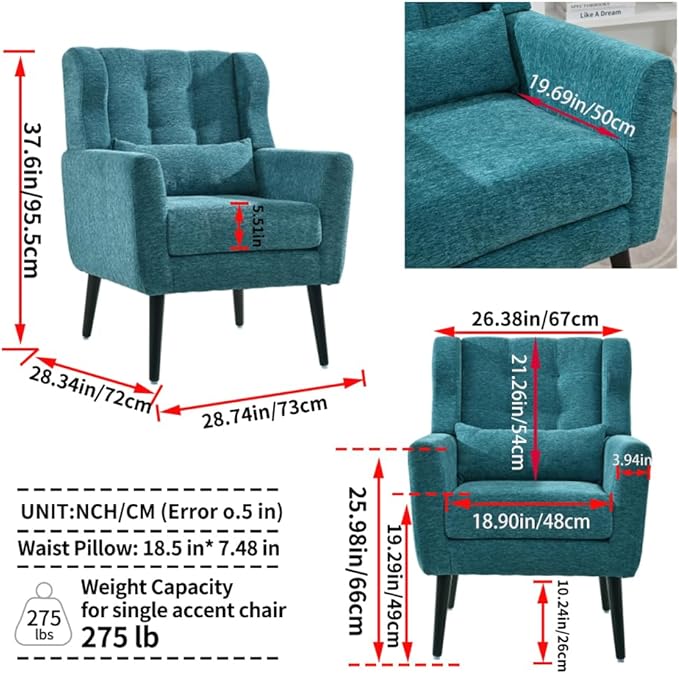 Modern Accent ChairChenille Arm Chairs for Living RoomUpholstered Mordern ArmchairComfy Soft Padded Lounge Chair in Small Space Bedroom w/Pillow Solid Wood Leg (Teal + Chenille)
