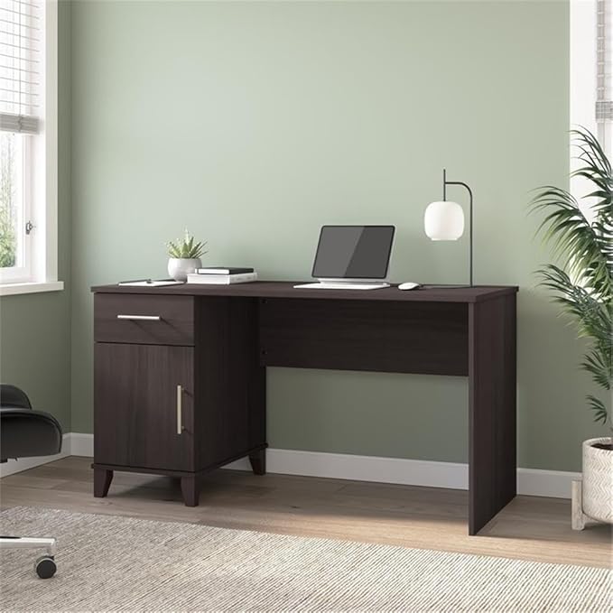 Pemberly Row 54W Office Desk with Drawers Storm Gray Finish Engineered Wood Spacious Work Surface Wire Management Grommet File Drawer for Legal Documents Home Office Computer Desk