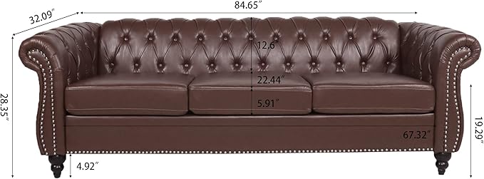 GDFStudio 85 Tufted Button Chesterfield Sofa with Deep Seat Cushions Rolled Arms &amp Gold Accent Strip 3-Seater Midcentury Modern Sofa for Living Room Classic Couch Furniture Dark Brown + PU